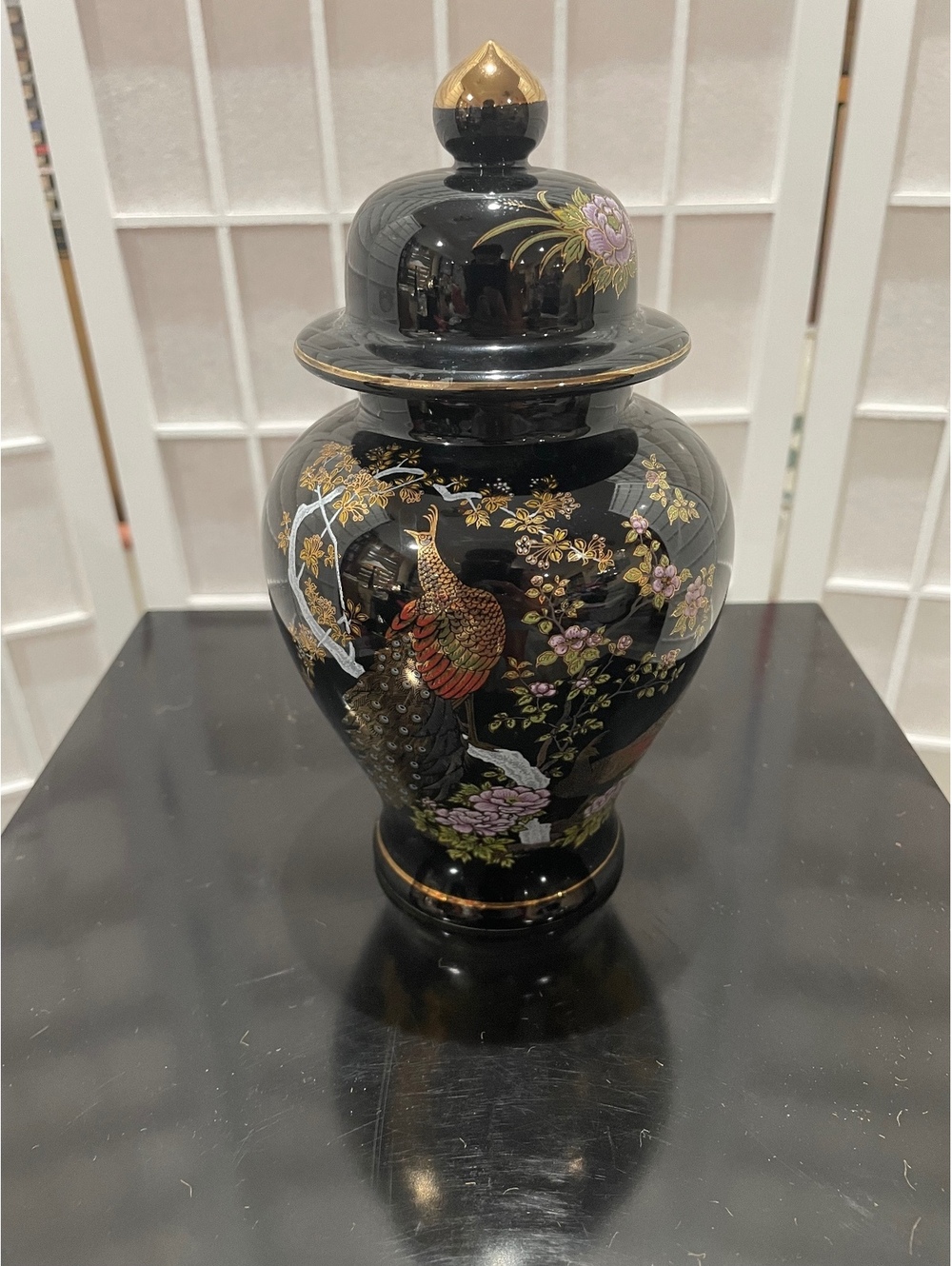 Vintage Japanese Black Ceramic Ginger Jar w/ Peacock Design
